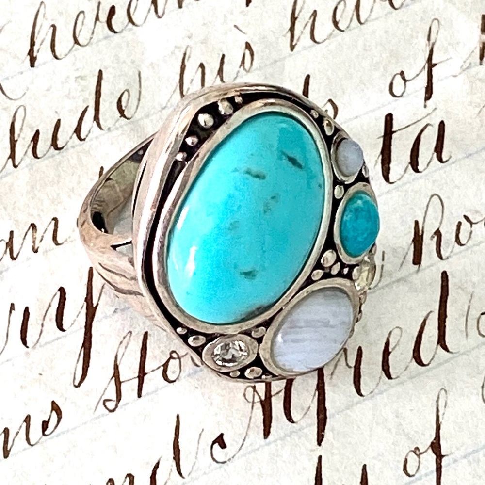 Beautiful Sterling Silver-Turquoise-Mixed Gemstone Ring Thailand Size 6